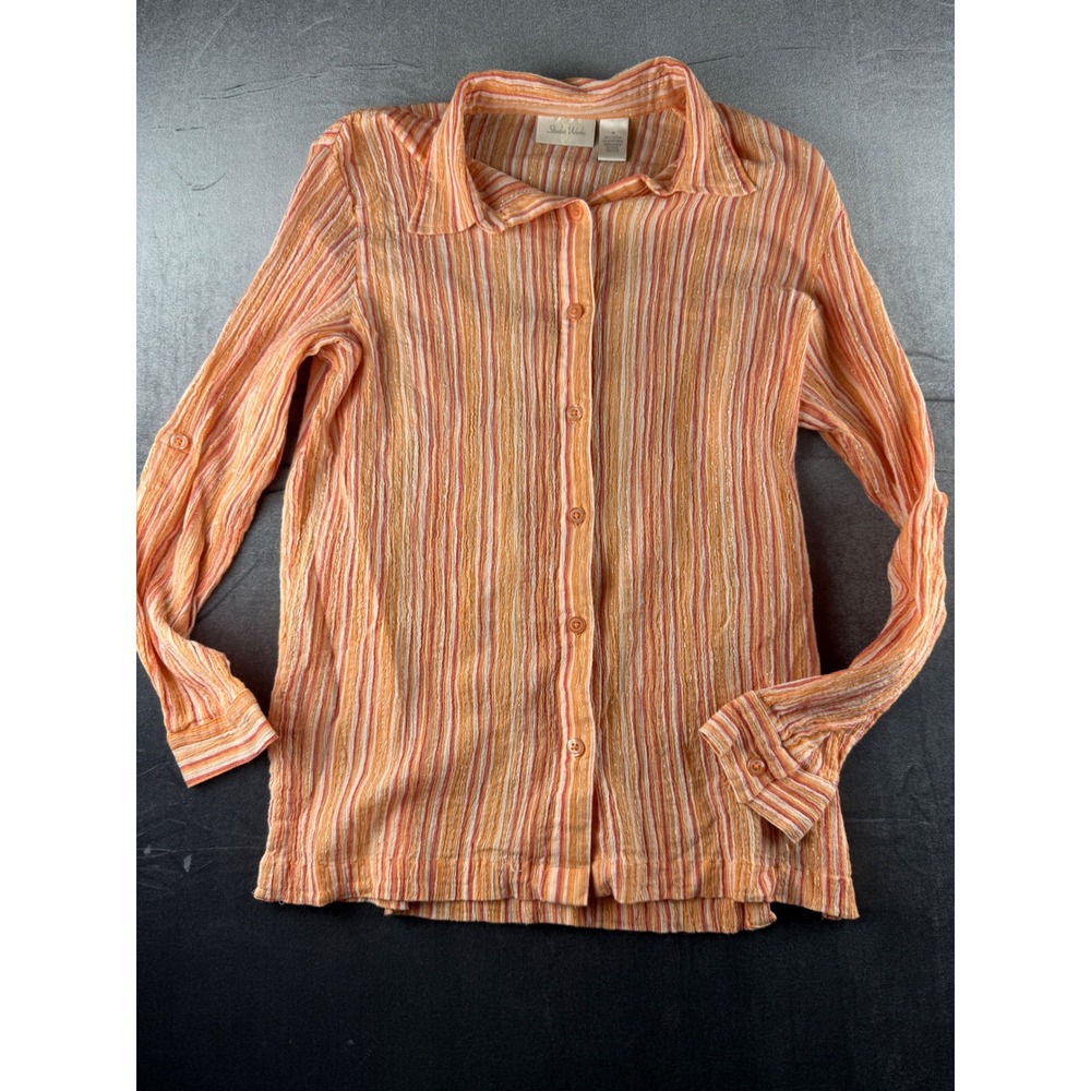 Studio Works Womens Orange Striped Metallic Button Down Shirt Size M Long Sleeve